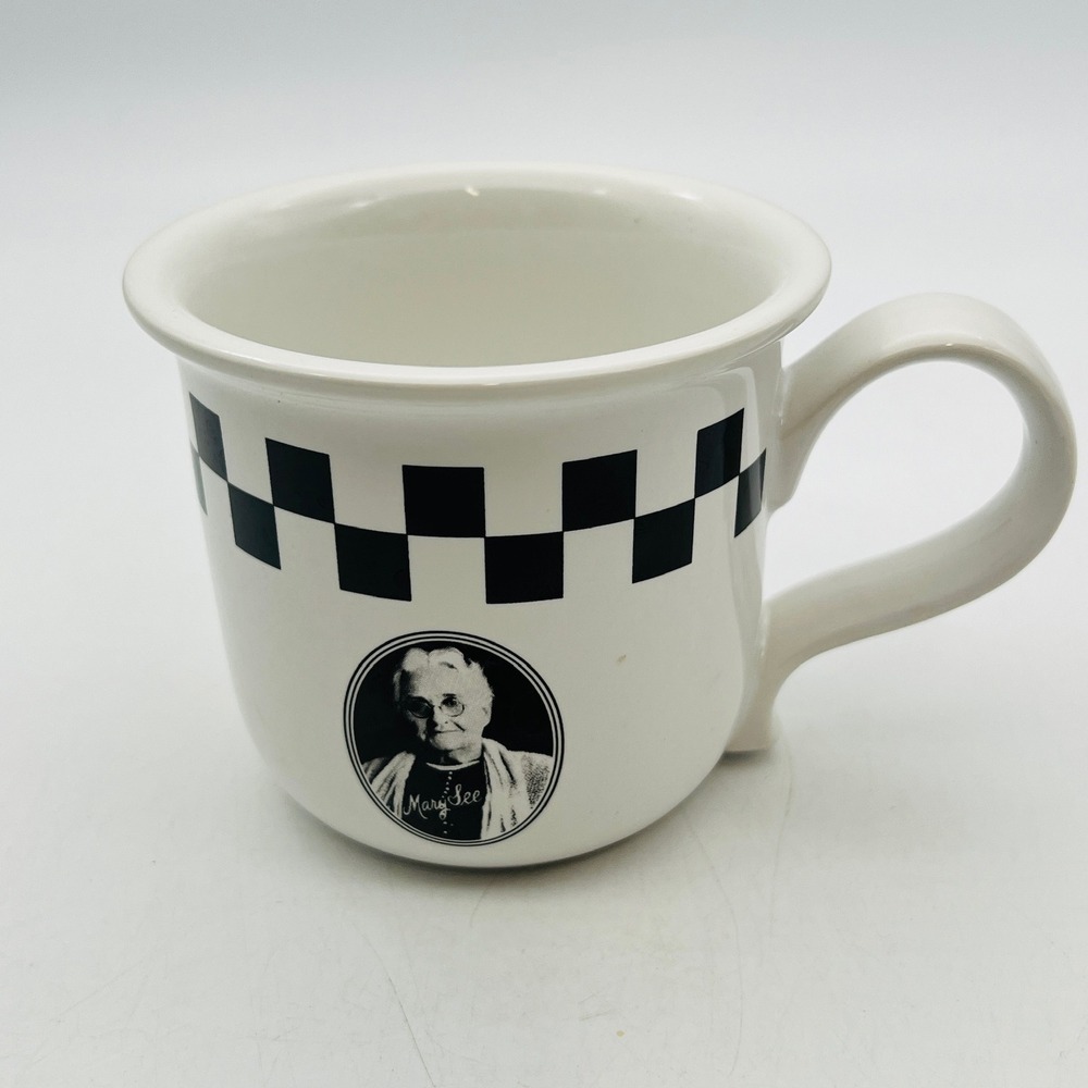 See's Candies Mary See Coffee Mug White Black Checkered Ceramic Tea Cup Vintage